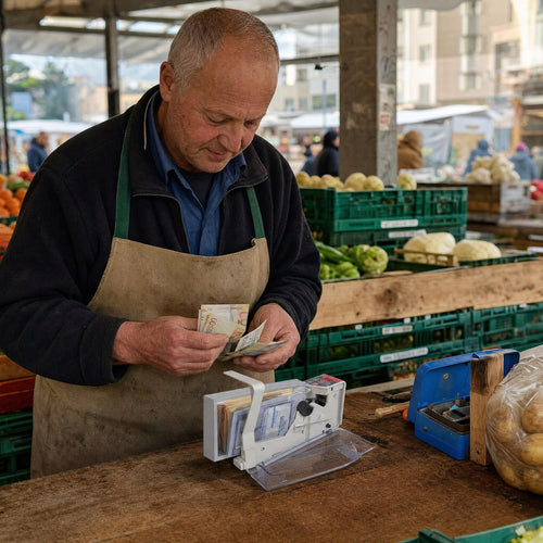 Tragbarer Geldzähler im Einsatz am Marktstand