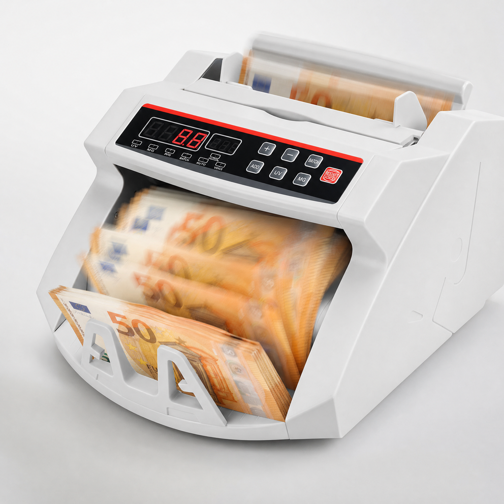 Geldzählmaschine mit Falschgelderkennung (UV/MG) — Banknotenzähler für Euro, bis 1000 Scheine/min