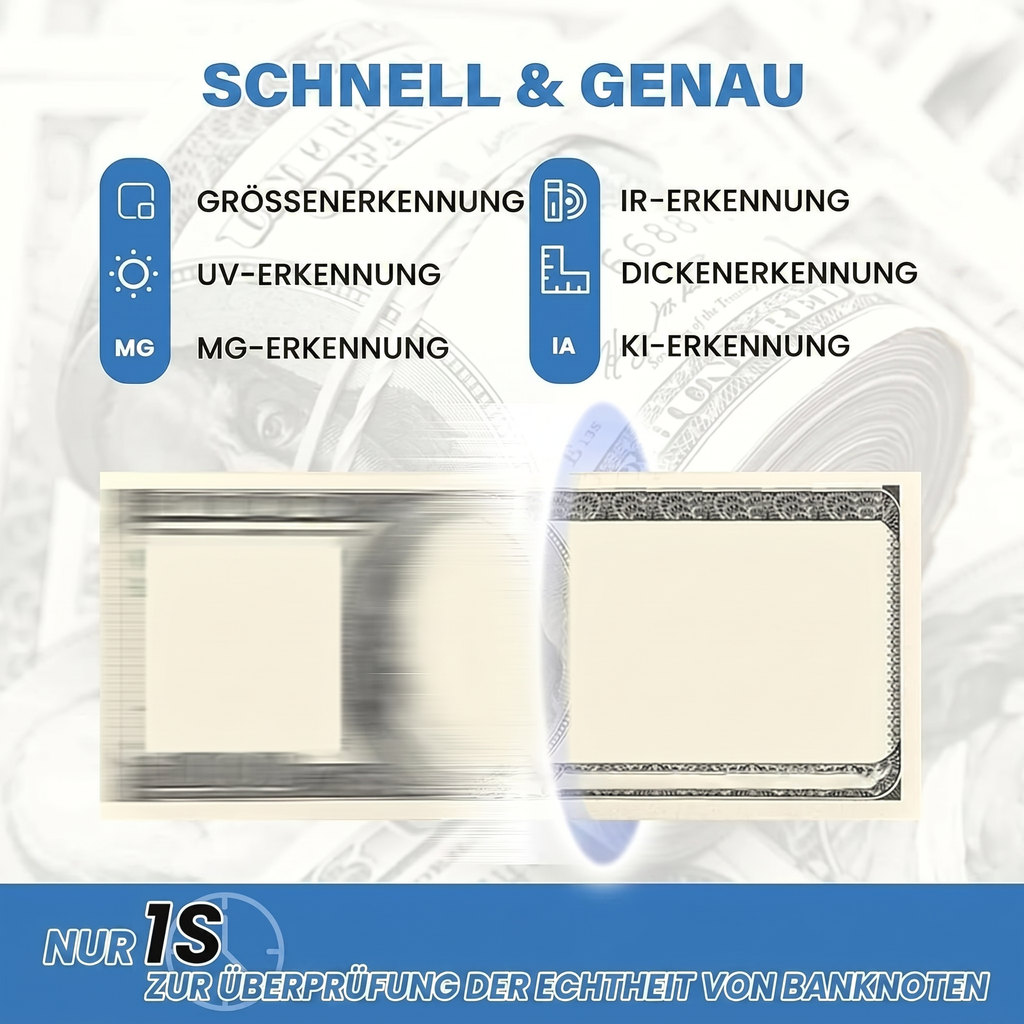Falschgeldprüfer UV/MG/IR — mobiler Banknotenprüfer für Euro & Dollar