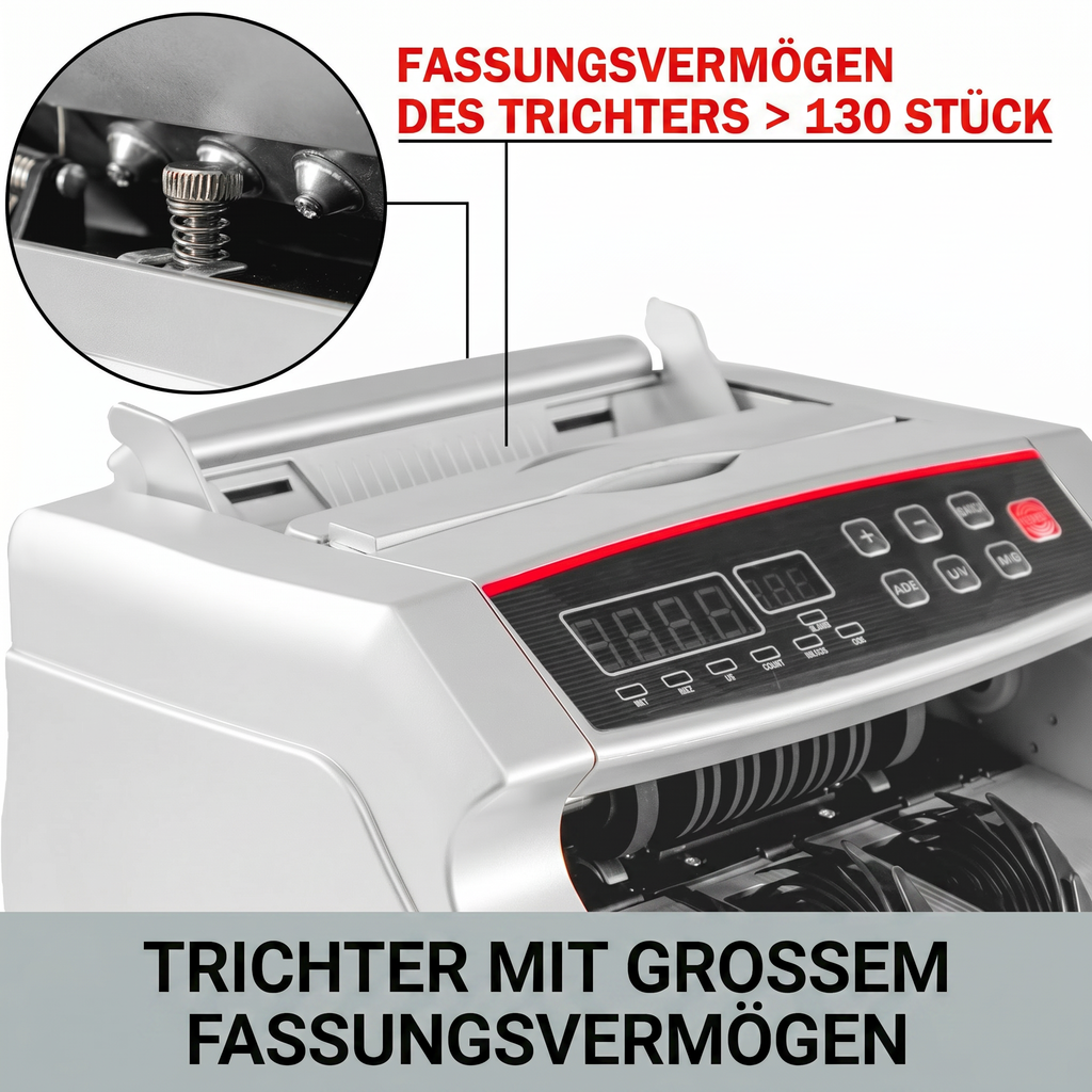 Geldzählmaschine mit Falschgelderkennung (UV/MG) — Banknotenzähler für Euro, bis 1000 Scheine/min