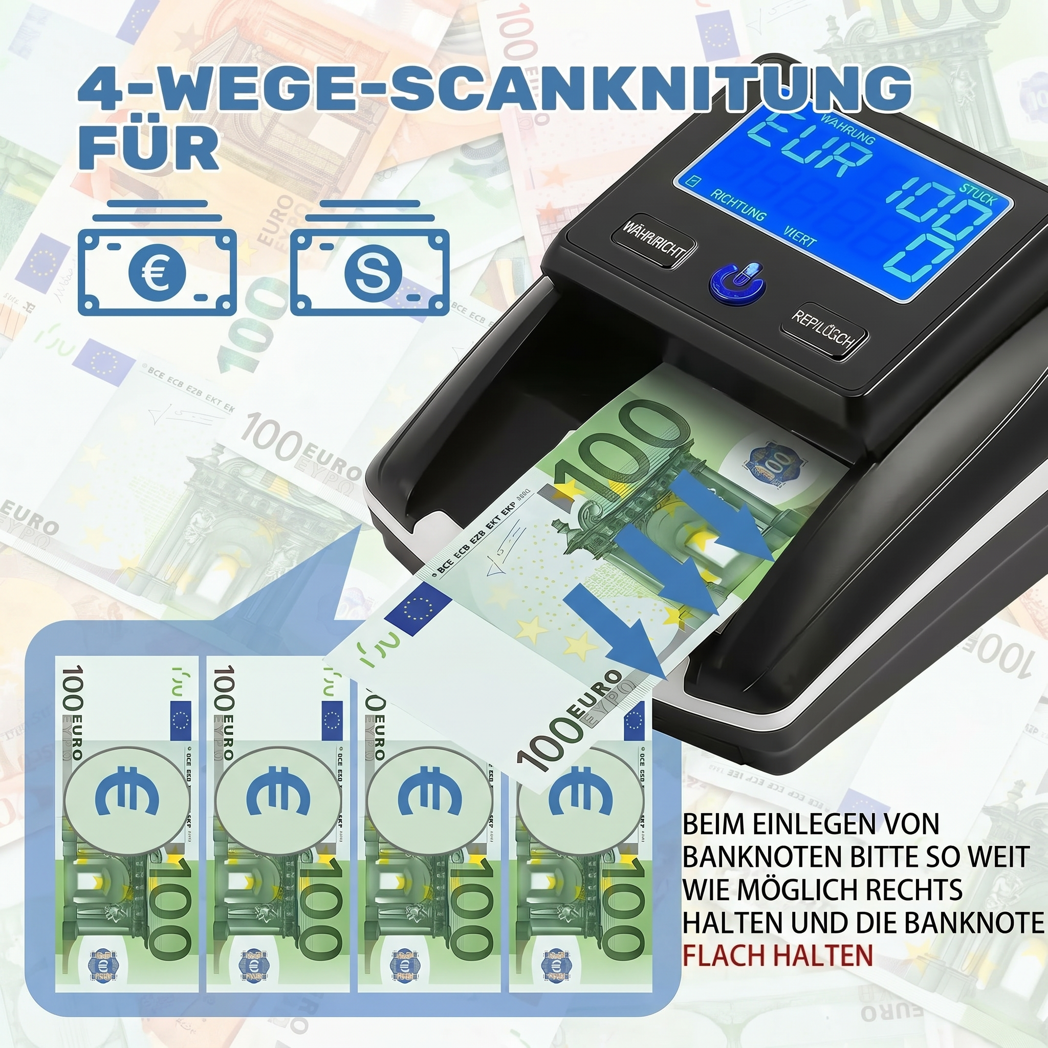 Falschgeldprüfer UV/MG/IR — mobiler Banknotenprüfer für Euro & Dollar