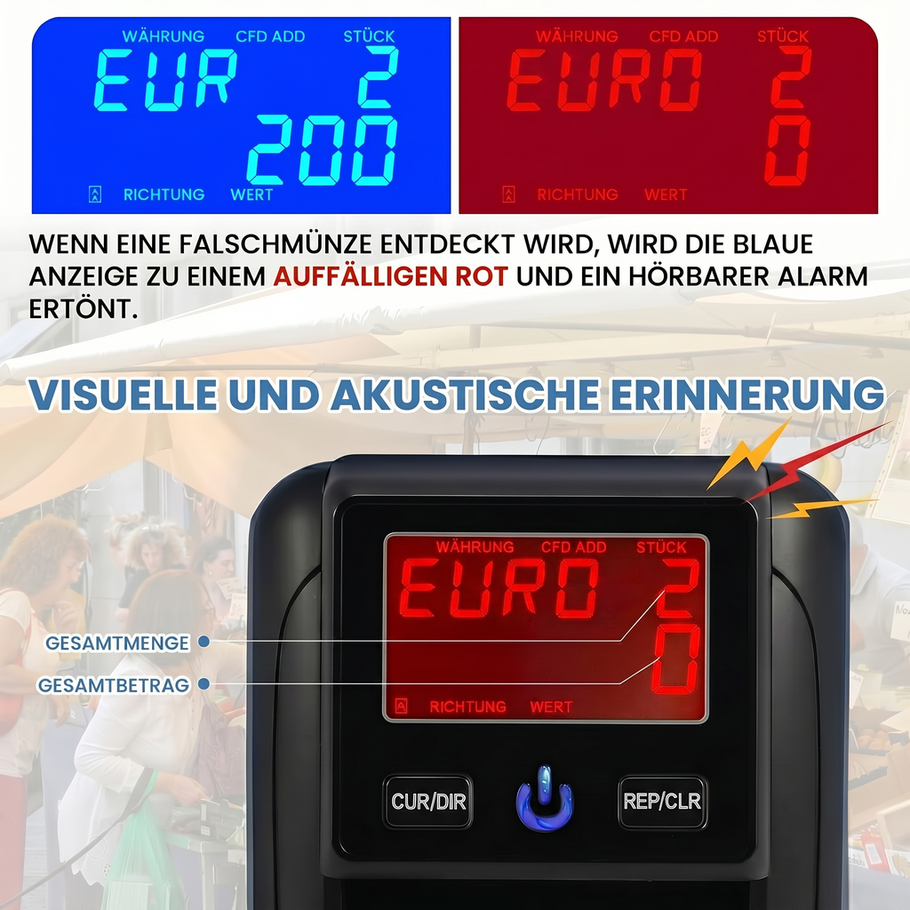 Falschgeldprüfer UV/MG/IR — mobiler Banknotenprüfer für Euro & Dollar